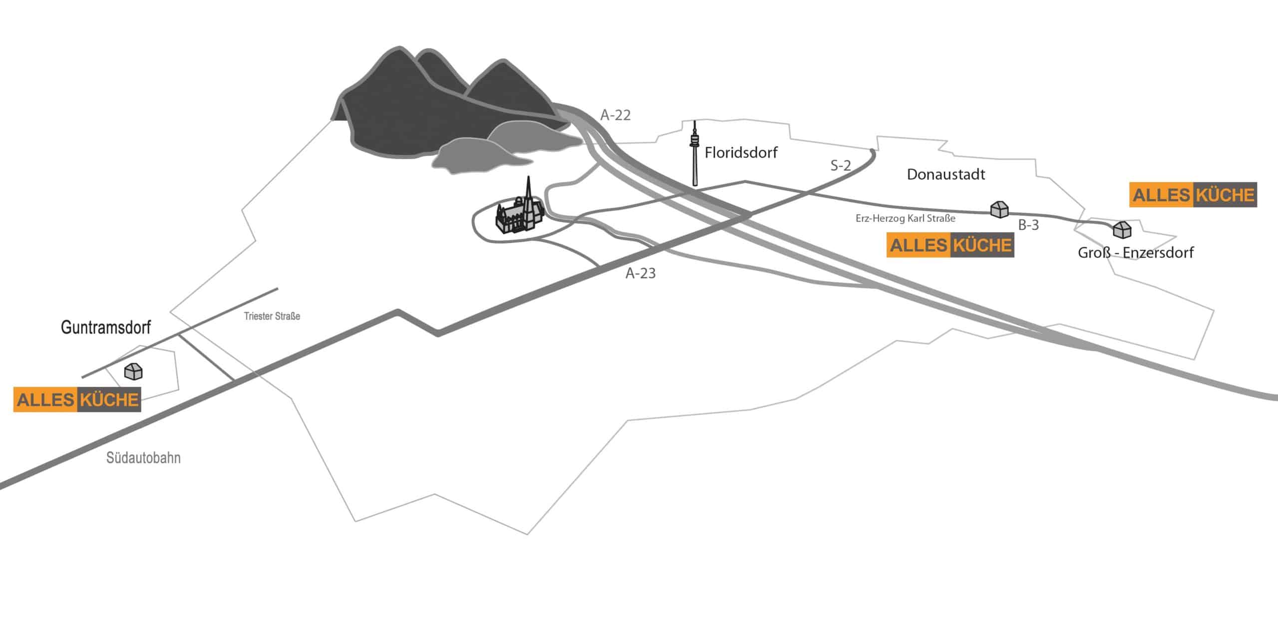Übersichtsplan Wien Umgebung mit allen 3 Studios